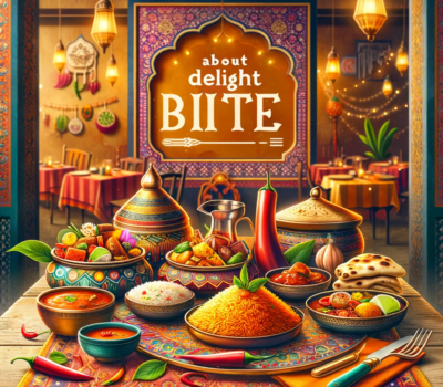 DALL·E 2023-12-19 10.21.16 - A vibrant and inviting featured image for a restaurant section titled 'About Delight Bite', showcasing elements of Indian cuisine. The image features
